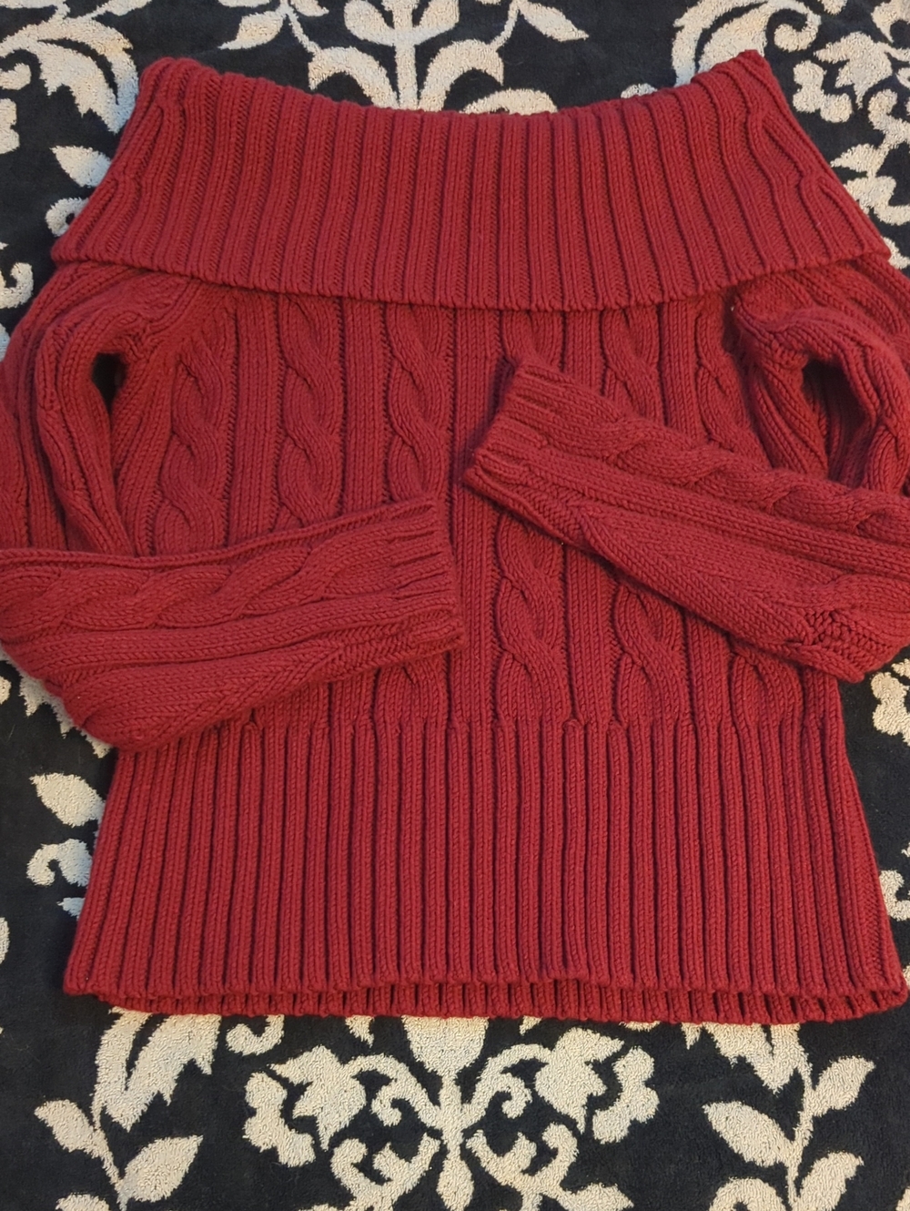 LOFT Off the Shoulder Cable Knit Sweater Royal Red Long Sleeves Medium Weight- M